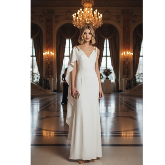 Marchesa Notte Asymmetrical Cape Gown Maxi Dress 0 White NWT Marchesa Notte Asymmetrical Cape Gown Maxi Dress 0 White NWT